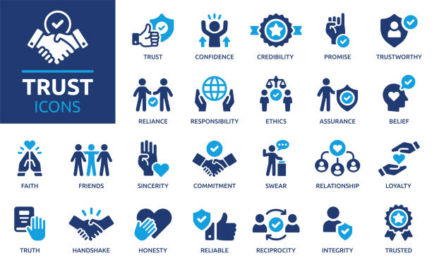 Containing confidence, credibility, promise, trustworthy, friends, truth, faith, sincerity and honesty. Vector solid icons collection.