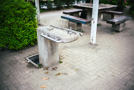 Hannover, Germany - June 8, 2019: Water fountain in city center of Hanover.