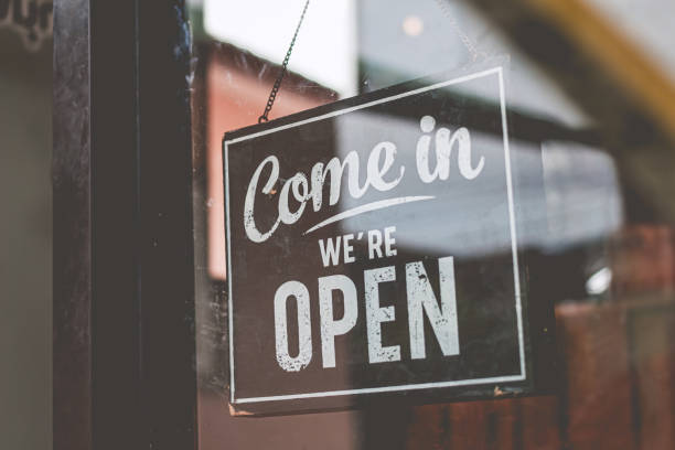 istock Come in we're open, vintage black retro sign 2149463212