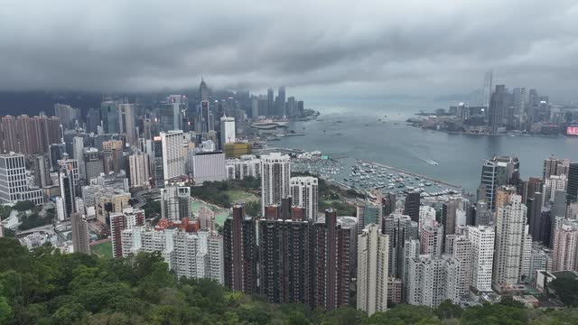 Hong Kong harbour crowded skyscraper cityscape from hillside China