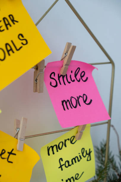 istock SMILE MORE self care goal on Action board new year's resolutions on colorful sticky notes. Making promises for new year, setting goals. Dream year 2149464764