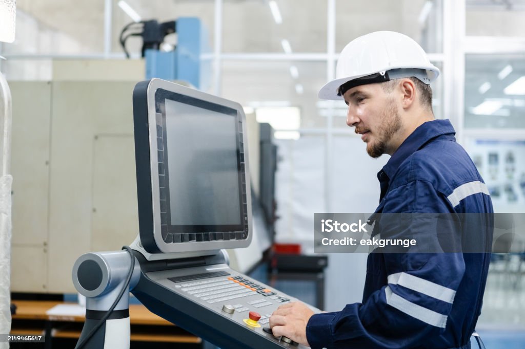 Machine Controlling Machine Man Engineer Using Computer Controlling Cnc Machine At Workshop ...