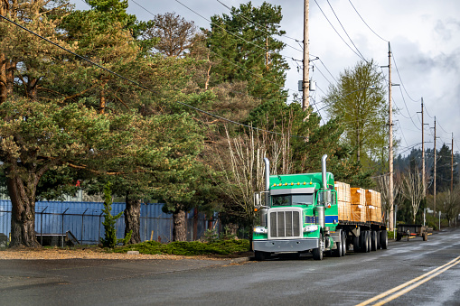 Industrial carrier green classic big rig semi-truck tractor with extended cab transporting lumber wood on two flat bed semi trailers standing on the road preparing for load transportation