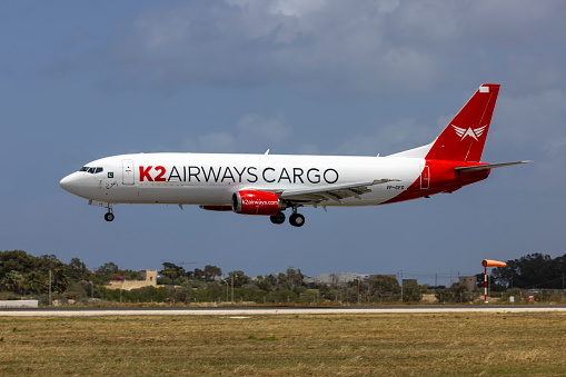 Luqa, Malta - April 19, 2024: K2 Airways Cargo Boeing 737-4M0(SF) (Reg: VP-CFG), was OE-IAT with ASL Airlines. Will be registered AP-BOI.