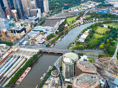 High angle view of Flinders Street Station, Federation Square, Melbourne Park Precinct and Yarra River