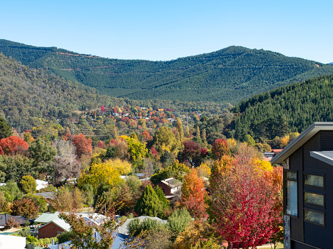 High angle view of the town of Bright in Autumn, in the Ovens Valley,  Victorian High Country