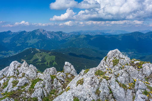 View from the mountain Grosser Donnerkogel which is 2055 m high. View towards Dachstein massif with glacier