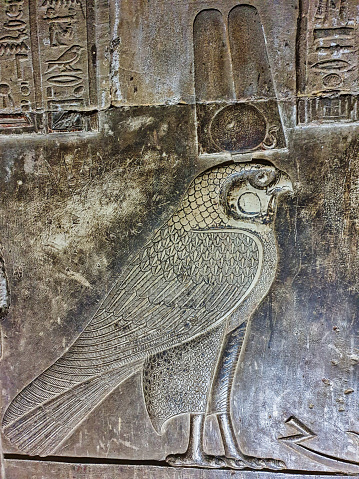Close up of Horus relief inside the Dendera Crypt in the Temple of Hathor at Dendera completed in the Ptolemaic era around 50 BC between Luxor and Abydos towns,Egypt