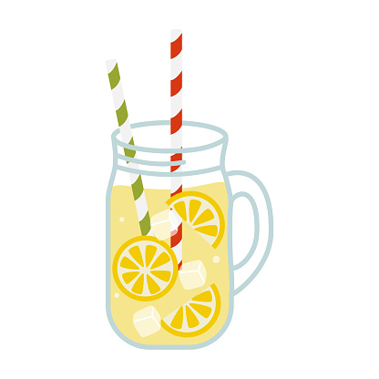 Lemonade in glass with lemon slice and straw isolated on white background, lemonade clipart