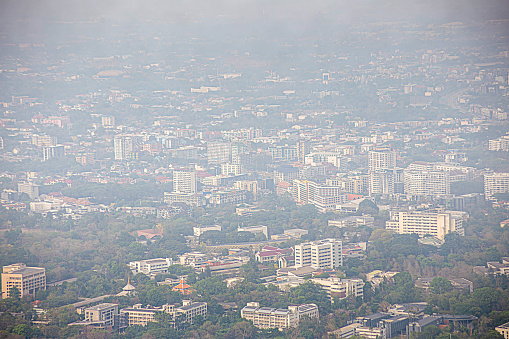 Chiang Mai, Thailand - March 14, 2019: Air pollution over Chiang Mai City, levels of particulate matter smaller than 2.5 microns (PM2.5)