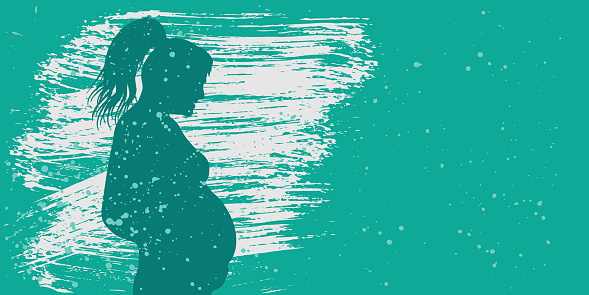 Mother's day. Silhouette of pregnant woman on turquoise background with splashes, copy space. Vector illustration.