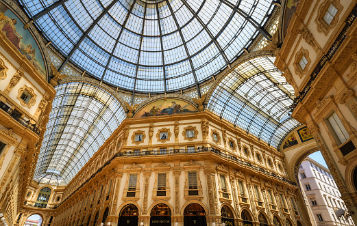 Milan, Italy - June 24, 2023: Galleria Vittorio Emanuele Gallery II in Milan. One of the world's oldest shopping malls, designed and built by Giuseppe Mengoni between 1865 and 1877