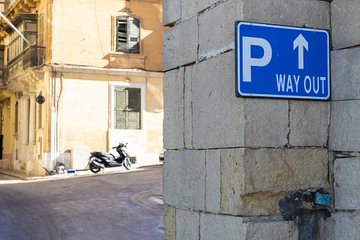 Valletta, Malta, April 03, 2024.  the sign indicating the exit of the car park in the city centre