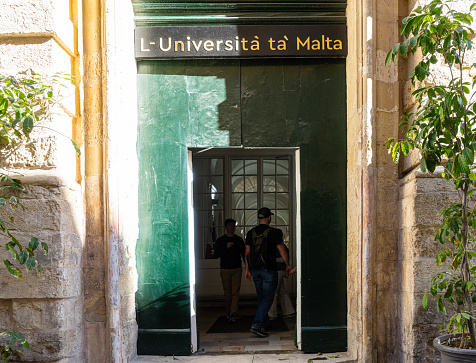 Valletta, Malta, April 03, 2024.  A view of the University of Malta entrance door in the city center