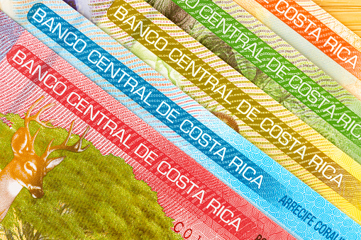Costa Rica money, flat lay, close up, all banknotes, financial concept