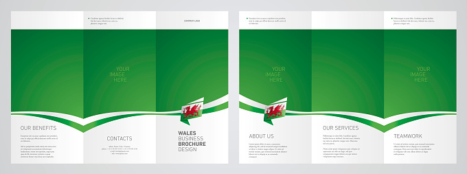 Wales Wavy flag and ribbon of three fold brochure abstract background