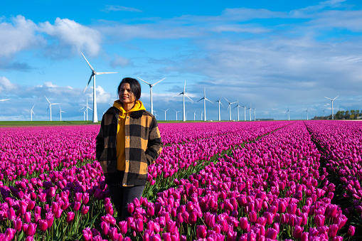 A woman stands gracefully in a vast field of purple tulips, surrounded by the beauty of spring in the Netherlands.