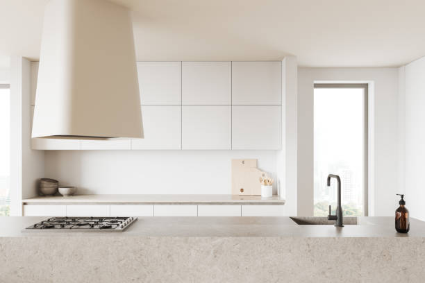 istock Stylish home kitchen interior with bar island and cabinet with window 2149494162