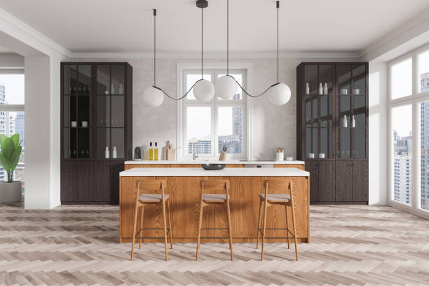 istock White and wooden kitchen interior with island 2149494379