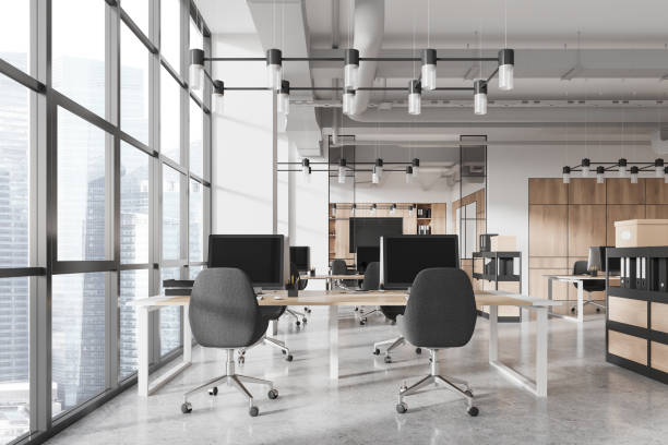 istock Modern office interior with coworking and conference room near panoramic window 2149494508