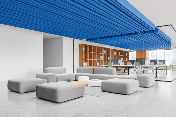 istock Office coworking interior soft place and coworking zone, panoramic window 2149494819