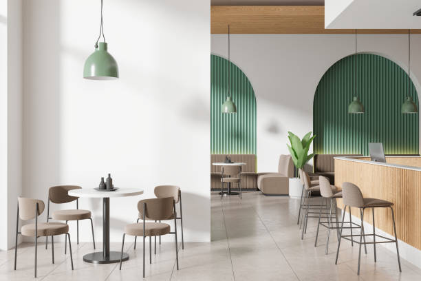 istock White and green cafe interior with bar counter and blank wall 2149494841