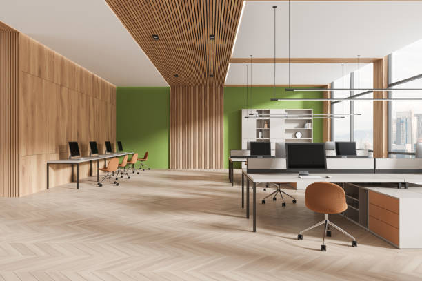 istock Wooden business interior with pc desktop on table, shelf with panoramic window 2149494932