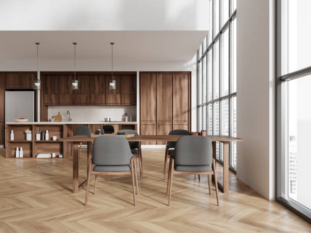 istock White and wooden kitchen with island and dining table 2149495027