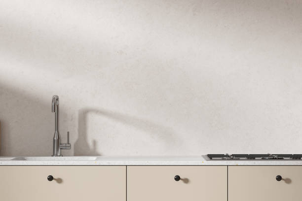 istock Stylish home kitchen interior with washbasin and stove, empty wall 2149495128