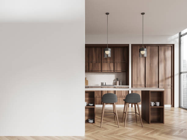 istock White and wooden kitchen with island and blank wall 2149495222