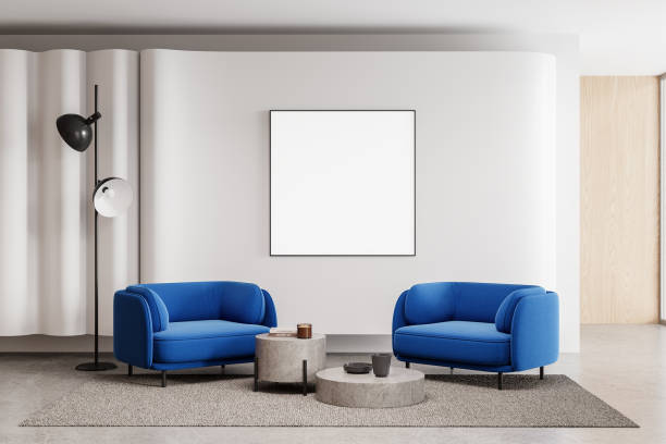 istock Stylish living room interior with two armchairs and coffee table, mockup frame 2149495362