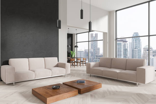 istock Modern home living room interior with relaxing and dining zone, panoramic window 2149495434