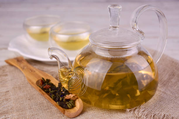 istock Green tea in a glass teapot. Warm drinks concept. 2149497143