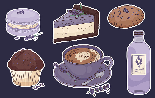 a collection of food and drink stickers showcasing lavender-themed treats such as macaron, slice of cheesecake cake, cookie, cupcake, muffin, cup of coffee and lavender water.