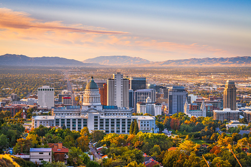 Salt Lake City, Utah, USA downtown city skyline at dawn.