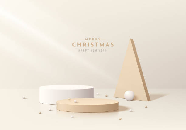 istock Realistic 3D cream cylinder podium background with ball and triangle backdrop in merry christmas concept. Minimal scene mockup product stage showcase Promotion display. Abstract vector geometric forms 2149499444