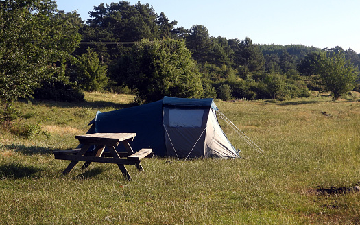 traveler tent set up in a green field