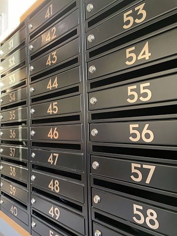 Displaying a neat row of mailboxes, each adorned with visible numbers for easy identification.