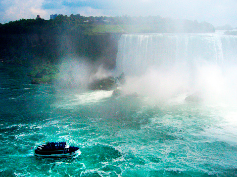 Niagara Falls, high angle view from Horseshoe Falls, water steam  and tourboat , Ontario, Canada