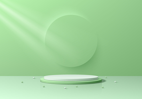 Realistic green 3D cylinder podium background with emboss circle backdrop wall scene. Minimal 3D mockup or abstract product display presentation, Stage for showcase. Platforms vector geometric design.