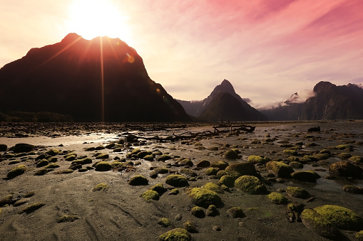 Panorama view  with Mitre Peak, Milford Sound, New Zealand ,Fiordland national park