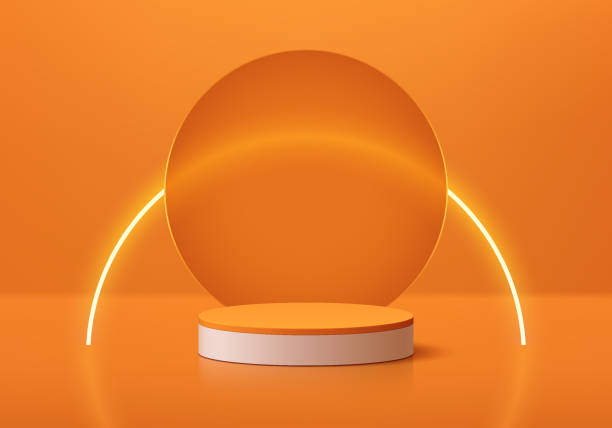 istock Realistic orange 3D cylinder product podium background with circle glass and curve line neon wall scene. Abstract minimal mockup display presentation, Stage showcase. Platforms vector geometric design 2149501147