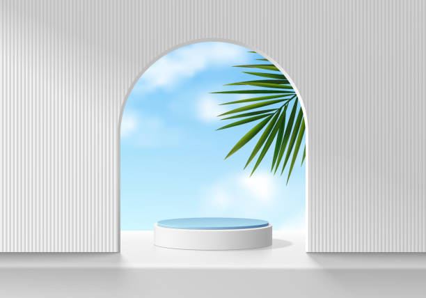 istock Realistic white 3D cylinder product podium background in arch gate backdrop with blue sky wall scene. Abstract minimal 3D mockup display presentation, Stage showcase. Platforms vector geometric design 2149501425