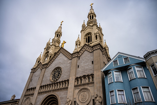 Facade of St. Peter and Paul church in San Francisco during springtime day