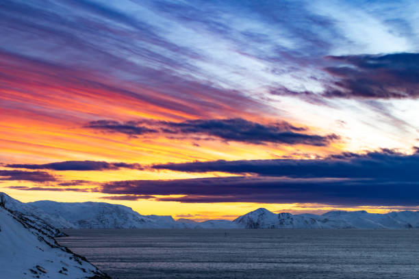 Beautiful sunset over by Hammerfest coastline.Northern Norway.