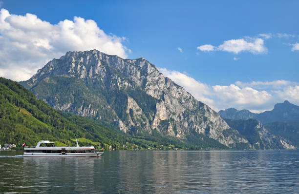 istock Ferry boat sails on Lake Traun Traunsee in Upper Austria 2149504576