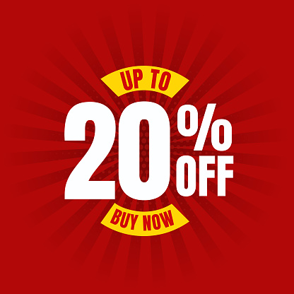 Up to 20% off discount tag for business promotion. Special offer banner with modern bold editable text. Buy now sticker design. Announcement badge for product sell. Vector red background. Number 20