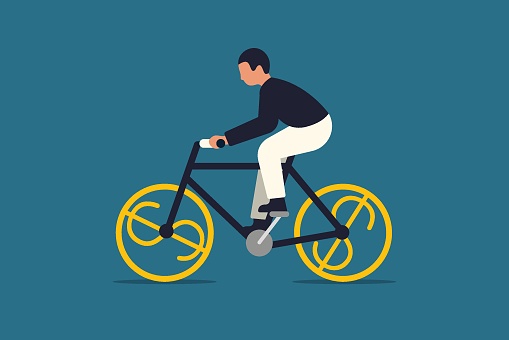 Business and Finance. Money and Currency. Businessman riding bicycle with dollar wheel. Vector  Illustration