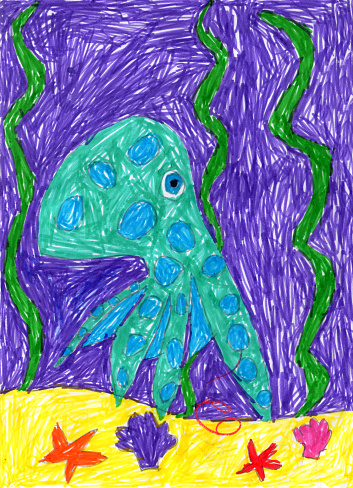 Green octopus on the seabed underwater. Hand drawn felt-tip pen sketch