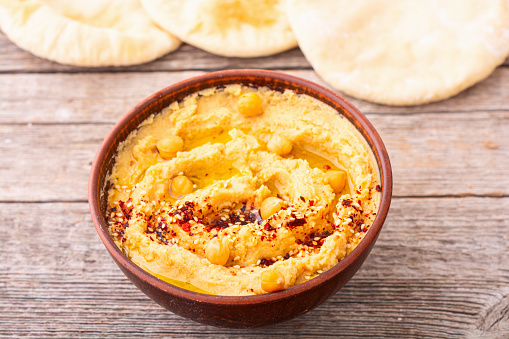 Declicious food from chickpea - hummus . Israel and arabic kitchen